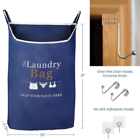 Fine Living Co. XL Navy Blue Hanging Laundry Hamper with Over-Door Hooks and Adhesive Durable Space-Saving Design, Featuring Zipper and Wide Open Top for Dorm Use