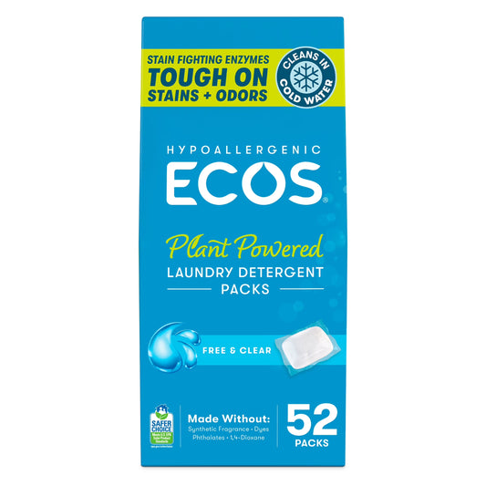 (2 Pack) Hypoallergenic Laundry Detergent Packs for Sensitive Skin, Free & Clear, 52 Loads, Laundry Pods