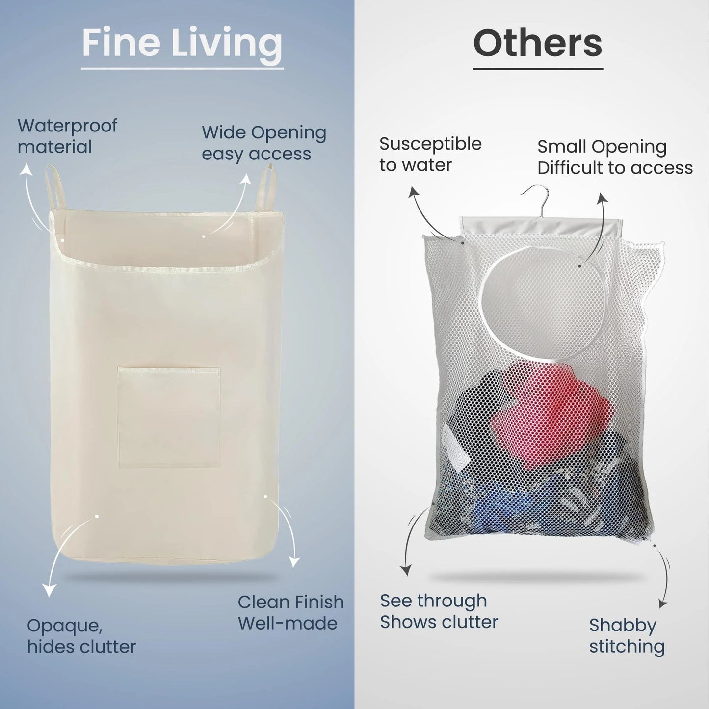 The Fine Living Co. Hanging Laundry Hamper with over Door Hooks & Adhesive Durable Space Saving Laundry Bag with Zipper and Wide Open Top Hanging Dorm Laundry Hamper 18 X4.75 X28 (Beige L)