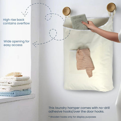 The Fine Living Co. Hanging Laundry Hamper with over Door Hooks & Adhesive Durable Space Saving Laundry Bag with Zipper and Wide Open Top Hanging Dorm Laundry Hamper 18 X4.75 X28 (Beige L)