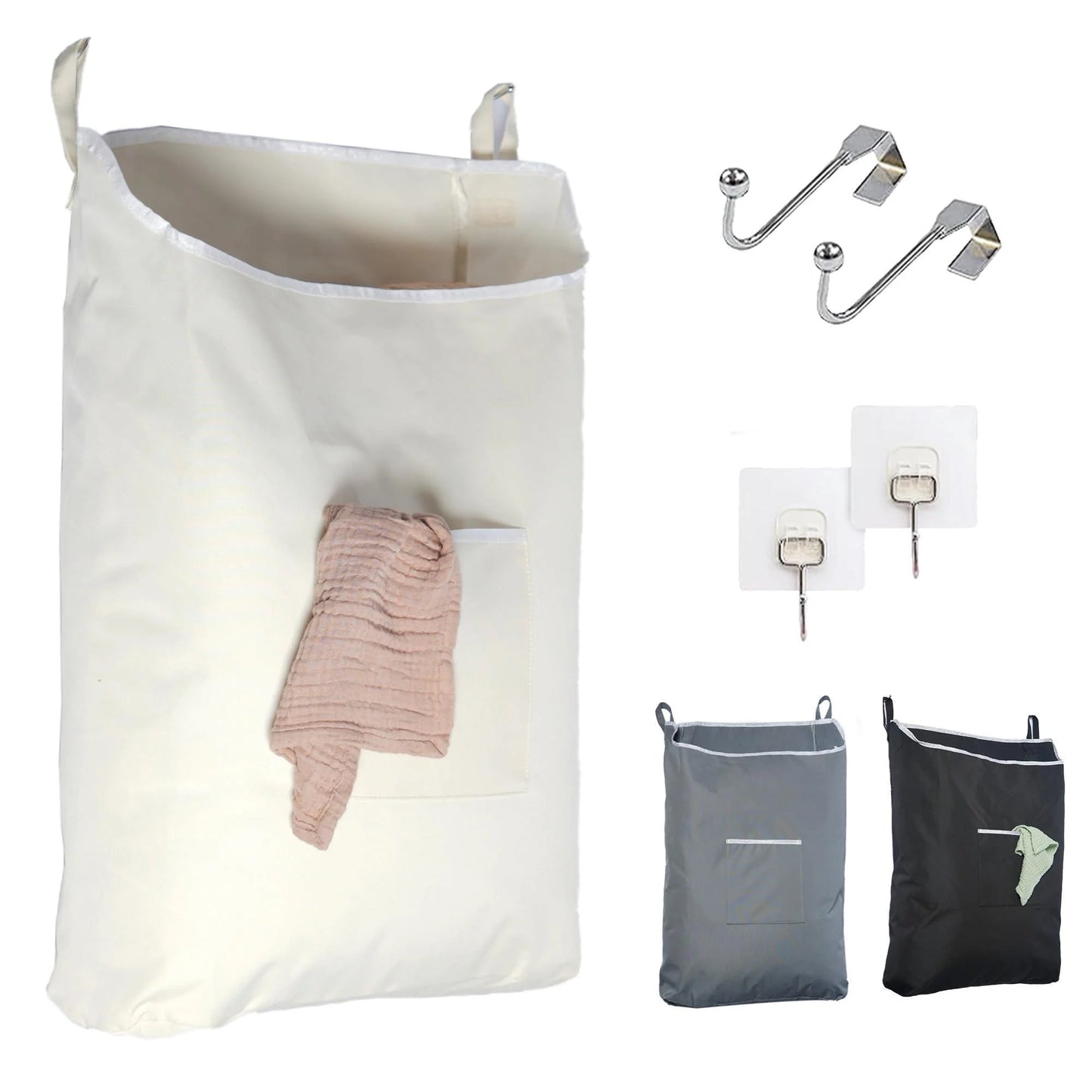 The Fine Living Co. Hanging Laundry Hamper with over Door Hooks & Adhesive Durable Space Saving Laundry Bag with Zipper and Wide Open Top Hanging Dorm Laundry Hamper 18 X4.75 X28 (Beige L)