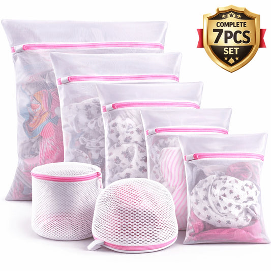 Delicate Care Mesh Laundry Wash Bags Set - 7 Multi-Size Bags with Smooth Zipper and Cover for Bras, Lingerie, Underwear, Baby Clothes, and Socks