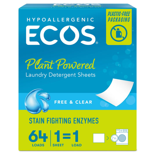 Hypoallergenic Laundry Detergent Sheets for Sensitive Skin, Free & Clear, 64 Ct