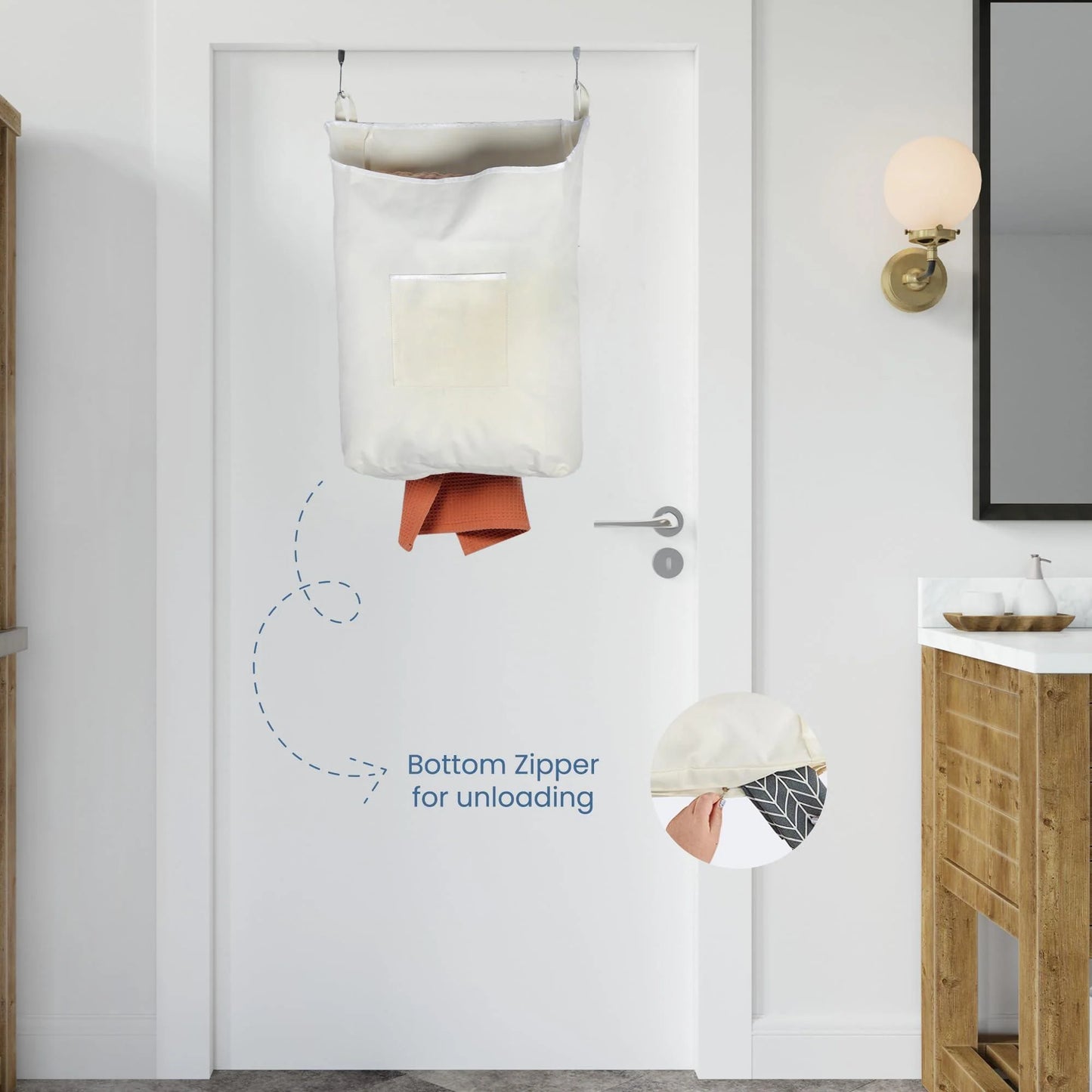 The Fine Living Co. Hanging Laundry Hamper with over Door Hooks & Adhesive Durable Space Saving Laundry Bag with Zipper and Wide Open Top Hanging Dorm Laundry Hamper 18 X4.75 X28 (Beige L)