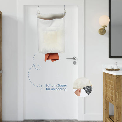 The Fine Living Co. Hanging Laundry Hamper with over Door Hooks & Adhesive Durable Space Saving Laundry Bag with Zipper and Wide Open Top Hanging Dorm Laundry Hamper 18 X4.75 X28 (Beige L)