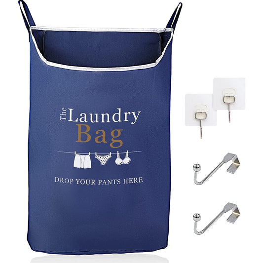 Fine Living Co. XL Navy Blue Hanging Laundry Hamper with Over-Door Hooks and Adhesive Durable Space-Saving Design, Featuring Zipper and Wide Open Top for Dorm Use